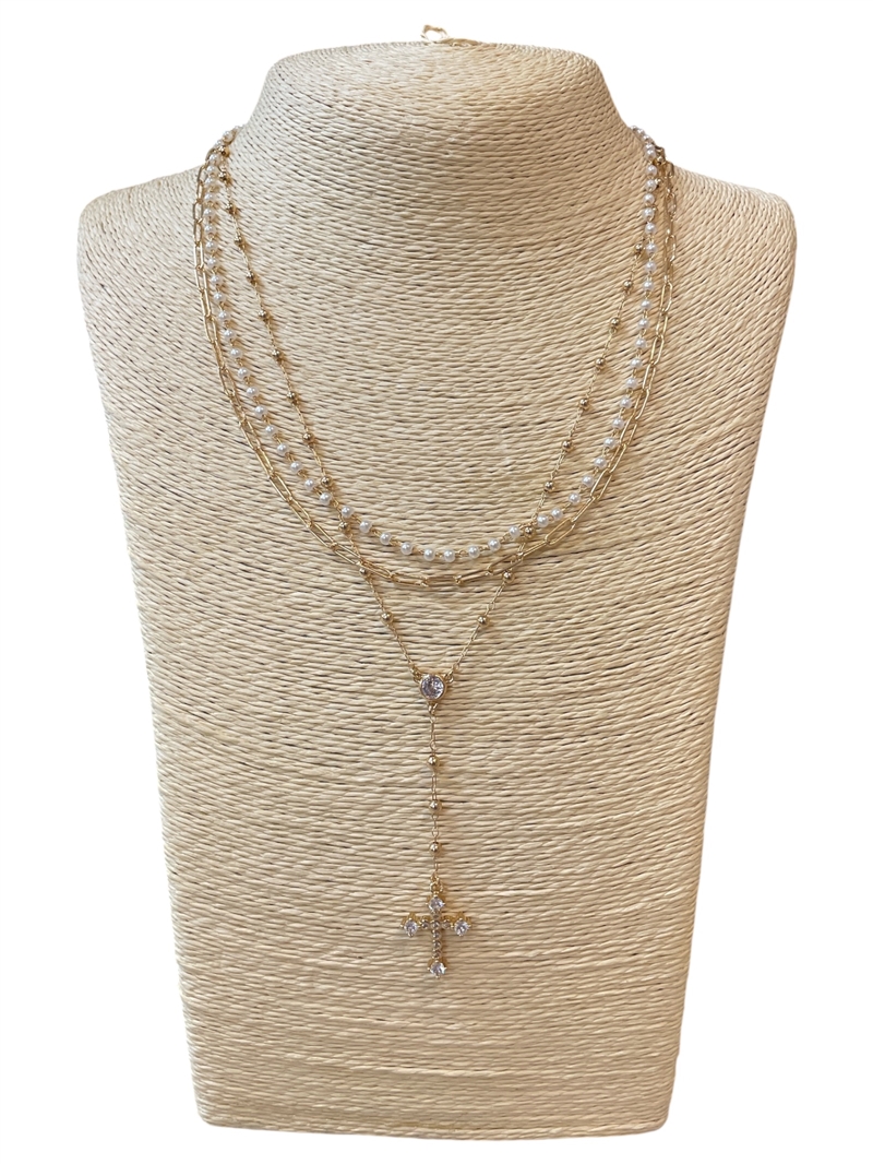 SN1012 DEINTY PEARL MULTI BEADED CROSS DROP GOLD LAYERED NECKLACE