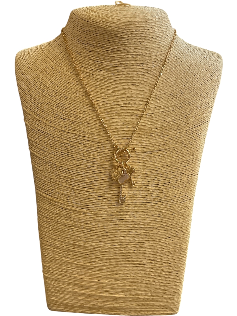 SN1089 DEINTY GOLD MOTHER OF PEARL KEY CHARMS SHORT NECKLACE