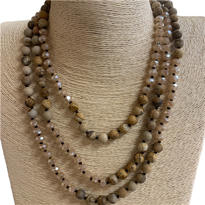 SN608BNL 60" 8MM BROWN NATURAL  CRYSTAL & BEIGE STON NECKLACE