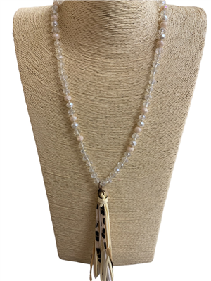 SN8271WT CRYSTAL /LEOPARD  PRINT  TASSEL LONG NECKLACE