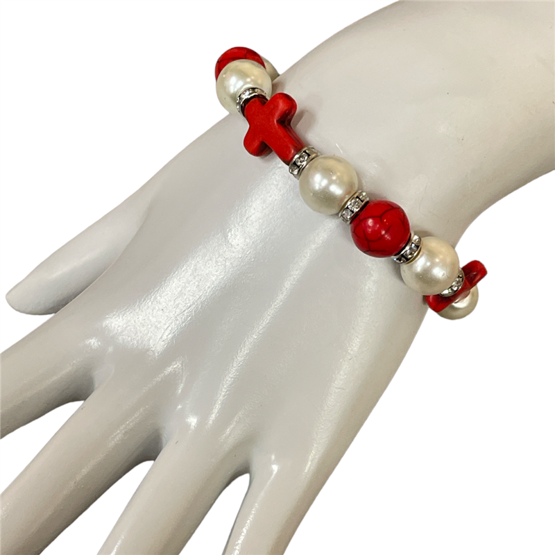 SPRL01 P STONE CROSS RED BEADED BRACELET