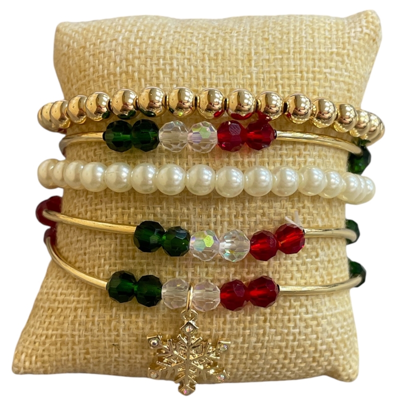 TB6054 PEARL & CRYSTAL 5 PC SET CHRISTMAS BRACELET