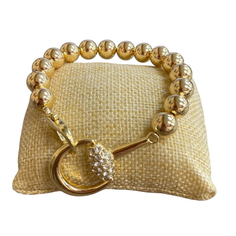 TB6071 GOLD BEADED RHINESTONE U LINK STRETCH BRACELET