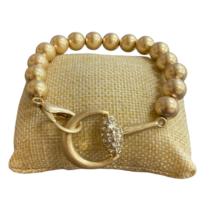 TB6071W HAMMERED MATTE GOLD BEADED RHINESTONE U LINK STRETCH BRACELET