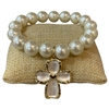 TB6084 CHUNKY PEARL GOLD CROSS CHARM STRETCH BRACELET