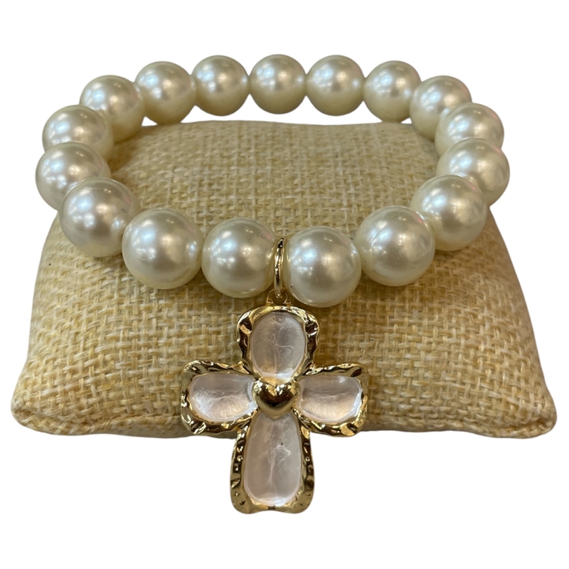 TB6084 CHUNKY PEARL GOLD CROSS CHARM STRETCH BRACELET