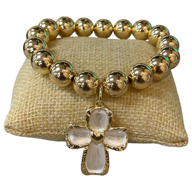 TB6085 GOLD CHUNKY CROSS CHARM STRETCH BRACELET