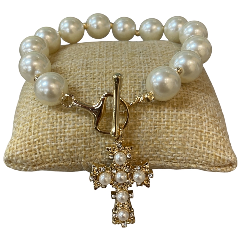 TB6087 PEARL BEADED CROSS CHARM TOGGLE BRACELET