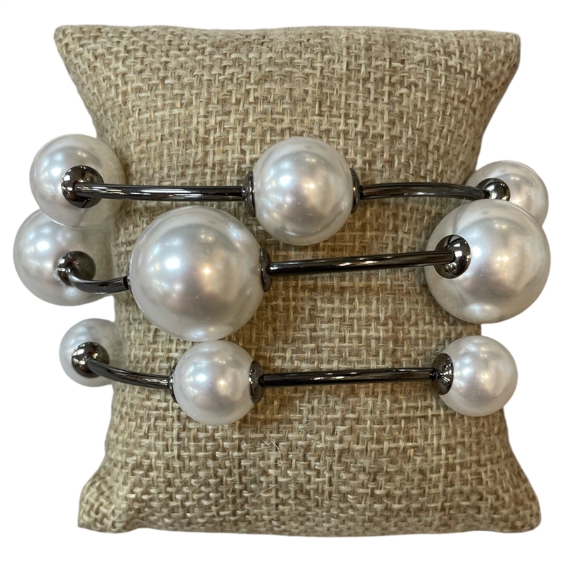 TB9328M PEARL BEADED 3 PCS GUN METAL BRACELET SET