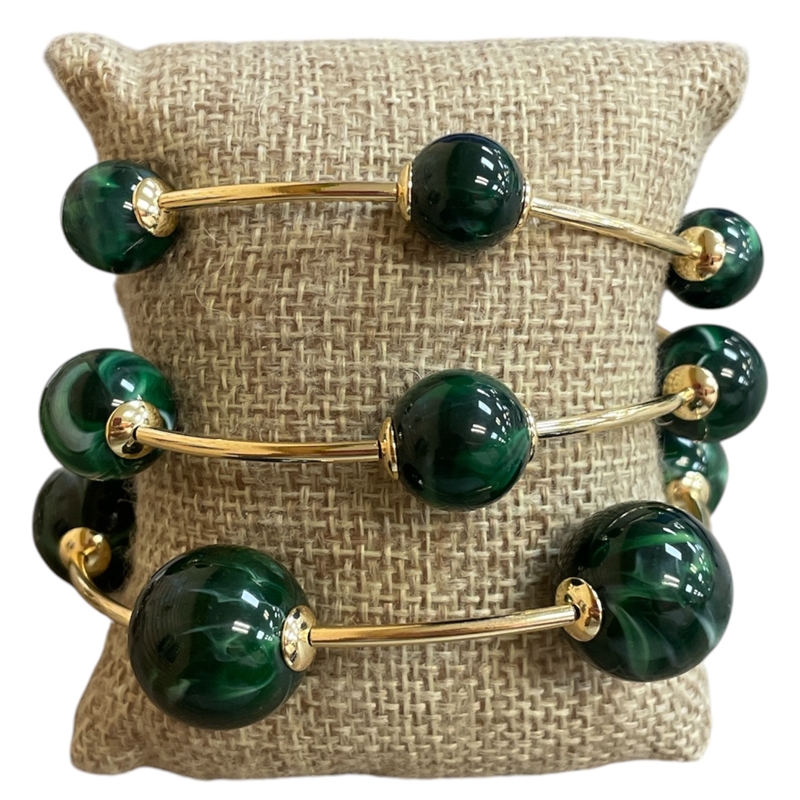 TB9336GR GOLD & GREEN ACRYLIC BEADED 3 PC BRACELET SET