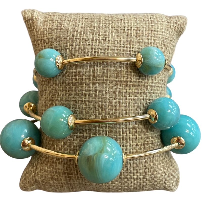 TB9336TQ GOLD & TURQUOISE ACRYLIC BEADED 3 PC BRACELET SET