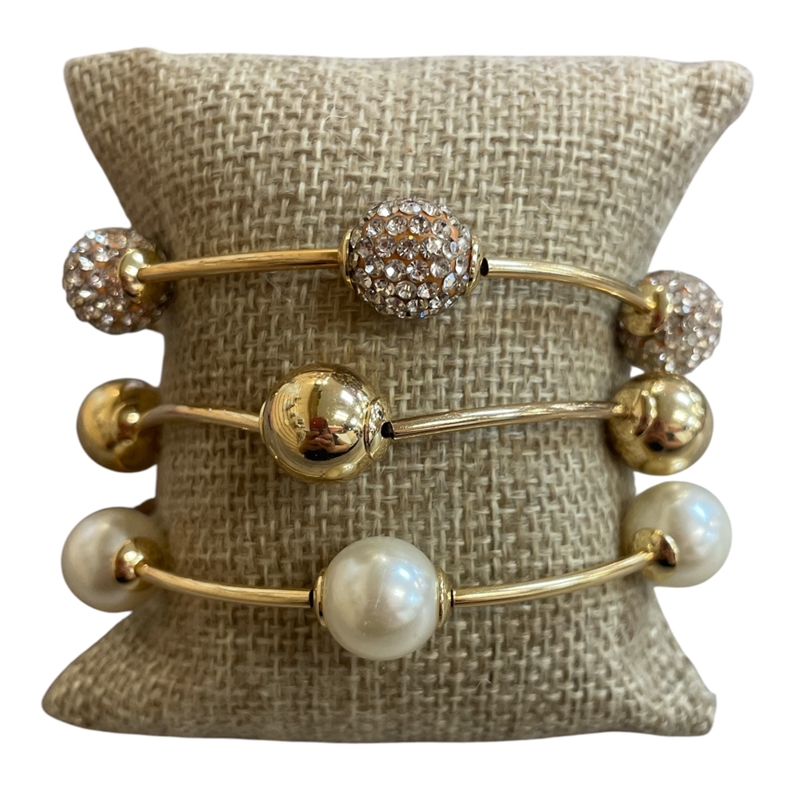 TB9506 GOLD RHINESTONE & PEARL BEADED STRETCH BRACELET SET