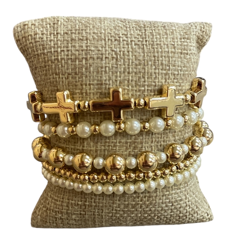 TB9510 GOLD PEARL & CROSS 5 PCS BRACELET SET
