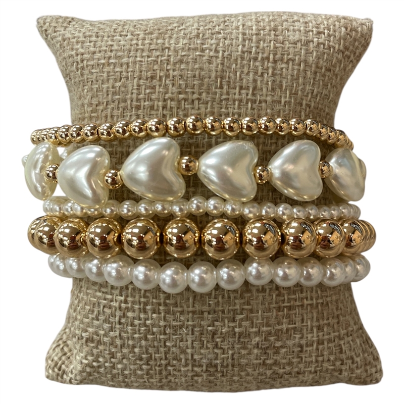 TB9822 GOLD & PEARL BEADED HEART BRACELET SET