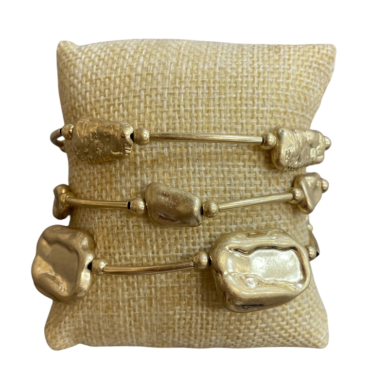 TB9837 GOLD SQUARE HAMMERED MULTI BEADED 3 PCS BRACELET SET