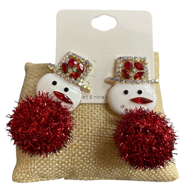 TE11687R   SNOWMAN WITH RED  POM POM EARRINGS