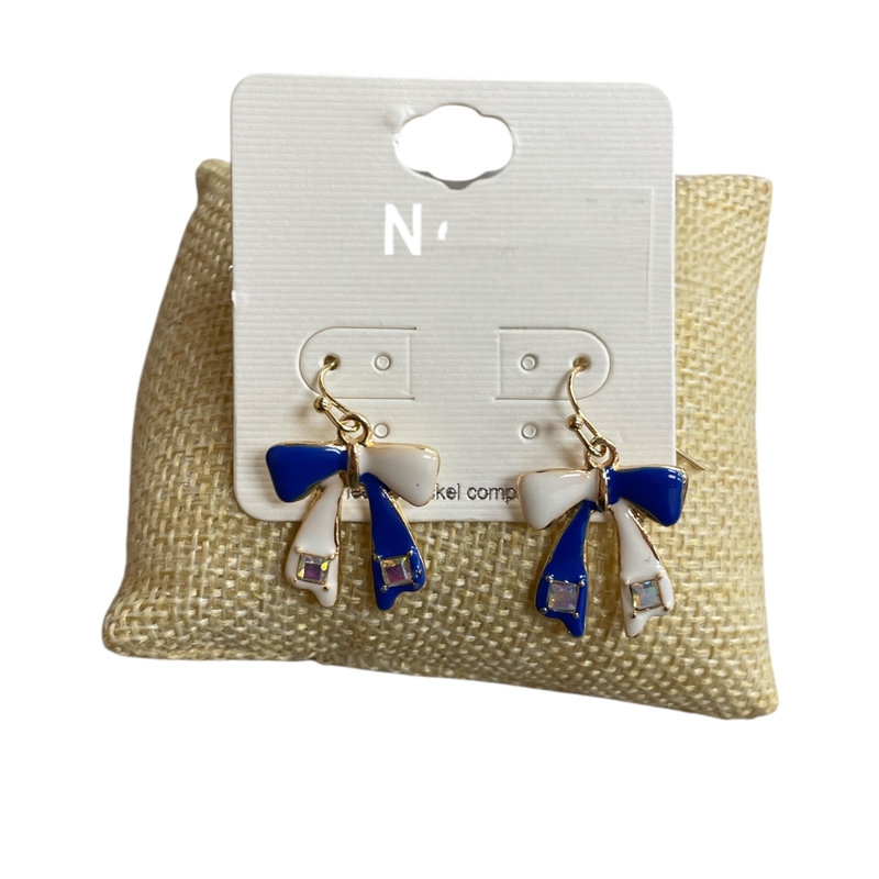 TE11693B  SMALL BOW BLUE WHITE EARRINGS