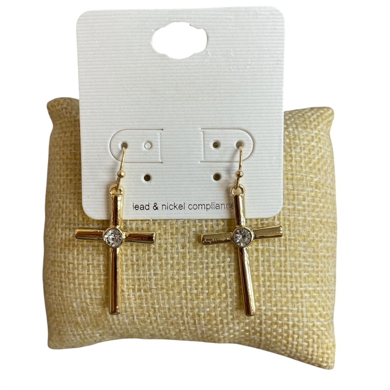 TE11893 SLIM RHINESTONE CENTERED SMALL CROSS EARRINGS