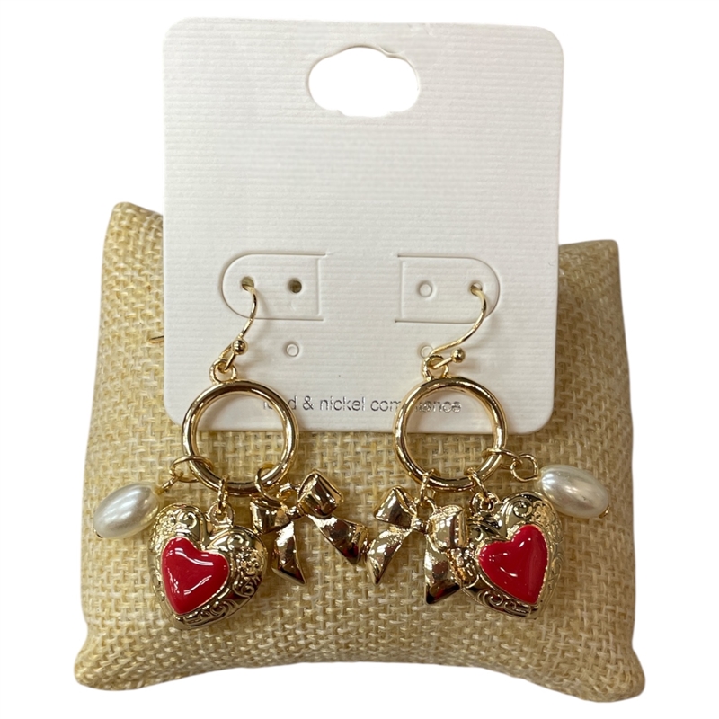 TE11901 GOLD PEARL RED HEART CHARMS SMALL HOOP EARRINGS