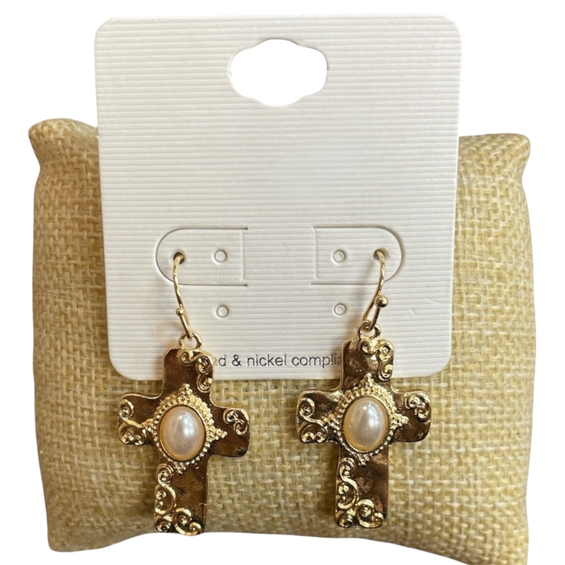TE12037 DANGLE PEARL IN CENTER CROSS EARRINGS