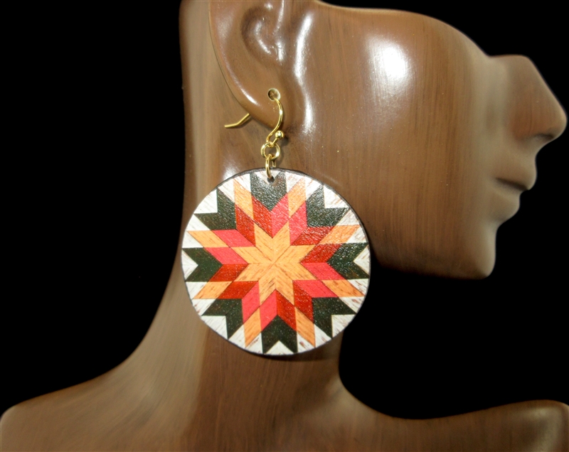 TE1651 RED ABSTRACT STAR CIRCLE LEATHER EARRINGS