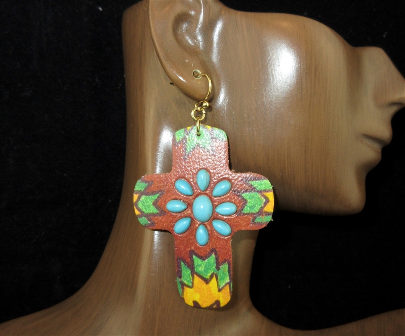 TE1709 TQS SEMI PRECIOUS BEADED AZTEC PATTERN CROSS EARRINGS