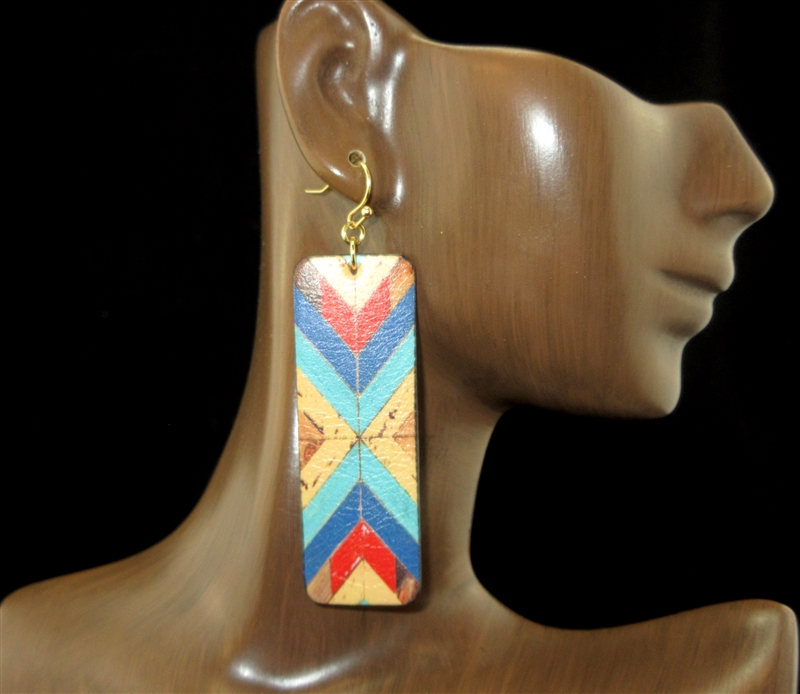 TE1776 MULTI COLOR ABSTRACT RECTANGLE LEATHER DANGLE EARRINGS