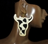 TE1794 COW PRINT HAIR ON HIDE WOODEN COW HEAD DANGLE EARRINGS