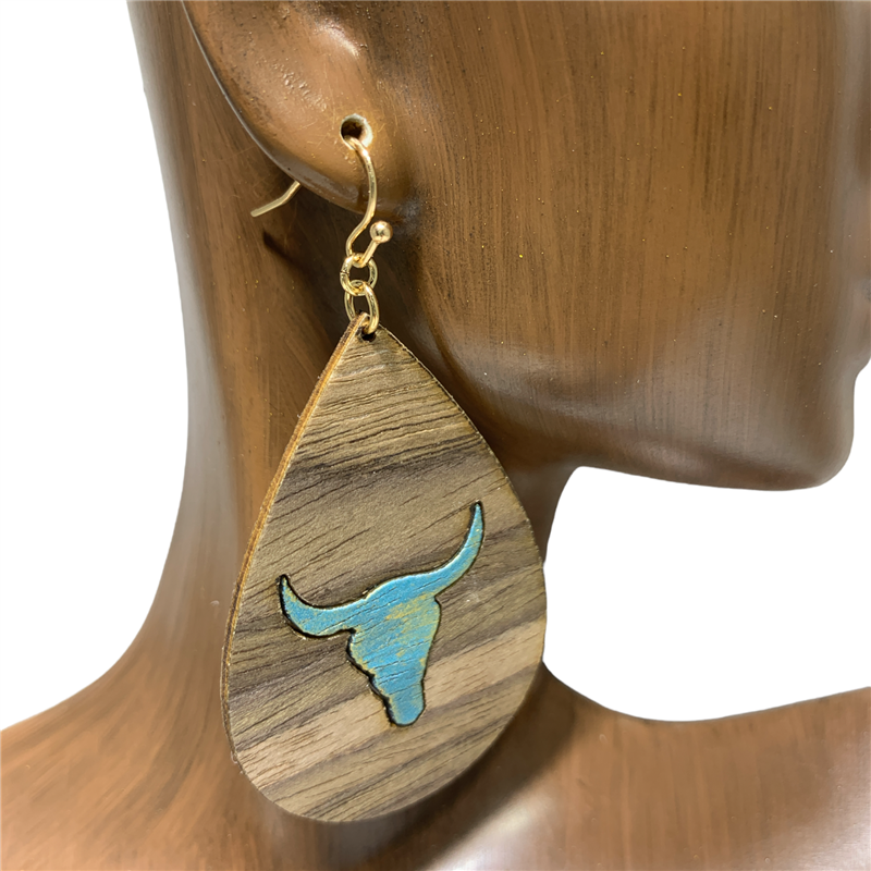 TE2240 COW WOODEN TEARDROP EARRING