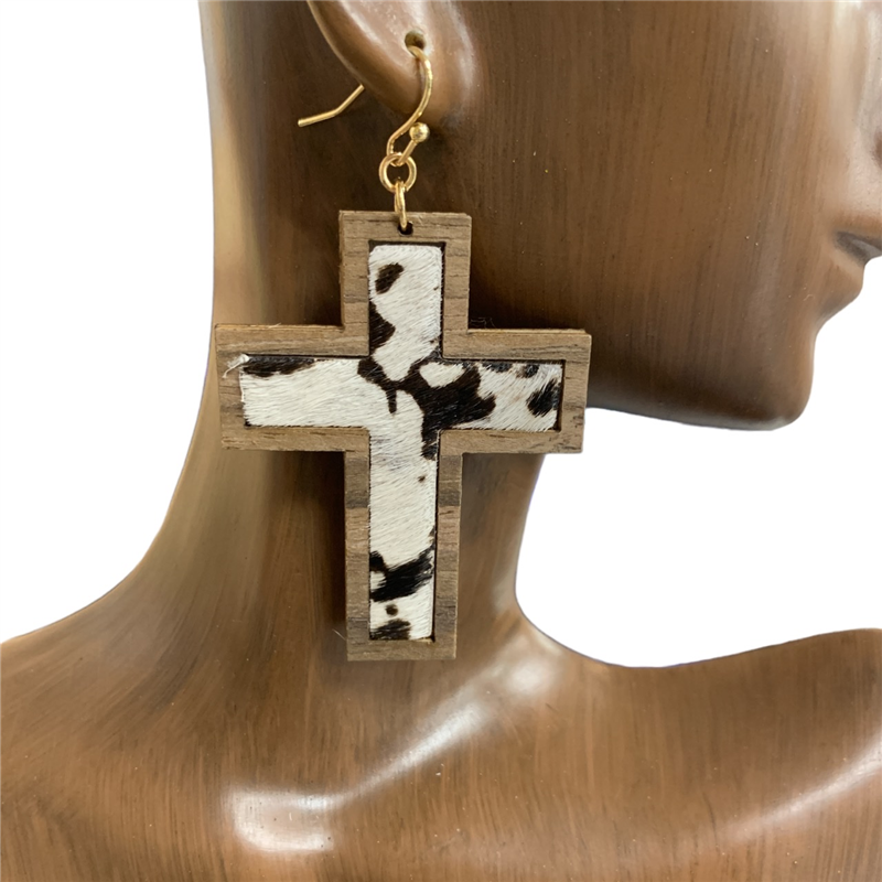 TE2637 GENUINE LEATHER IN WOODEN/ CROSS EARRINGS