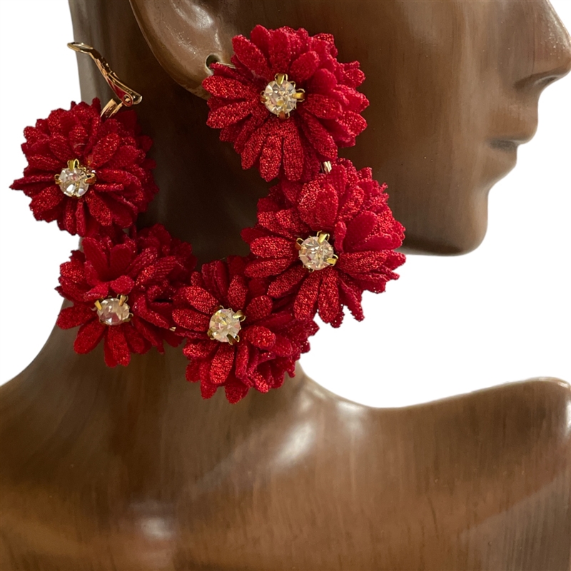 TE4291 FABRIC FLORAL HOOP EARRINGS