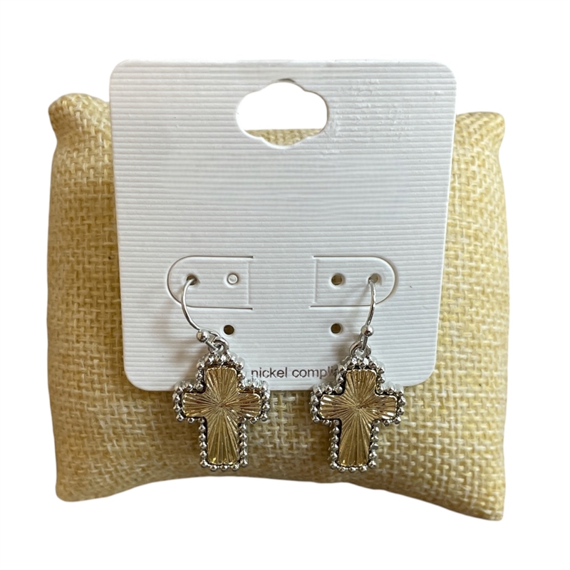 TE6204 TWO TONE SMALL CROSS DANGLE EARRINGS