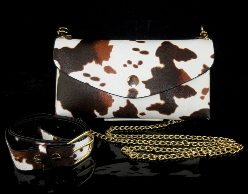 TG10077 BROWN AND WHITE COW PRINT CROSS BODY/WAIST BAG