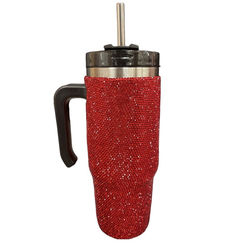 TM700  RED RHINESTONES TUMBLER WITH HANDLE