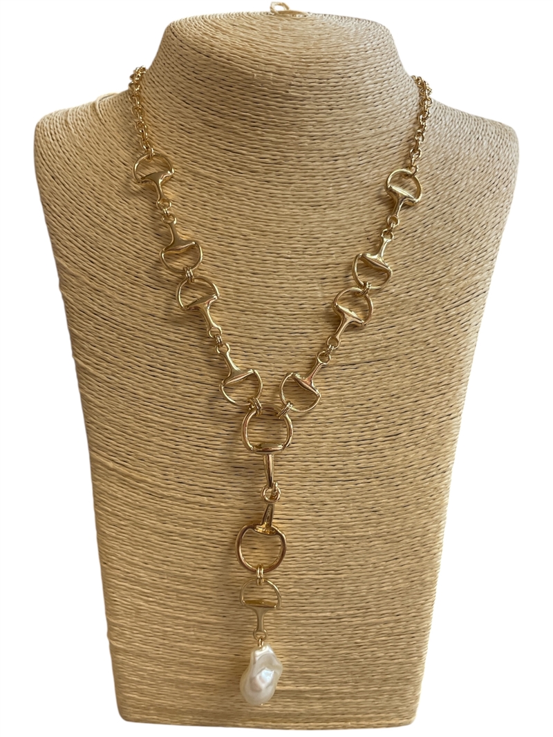 TN6028 GOLD PLAIN U LINK PEARL DROP 18" LONG NECKLACE