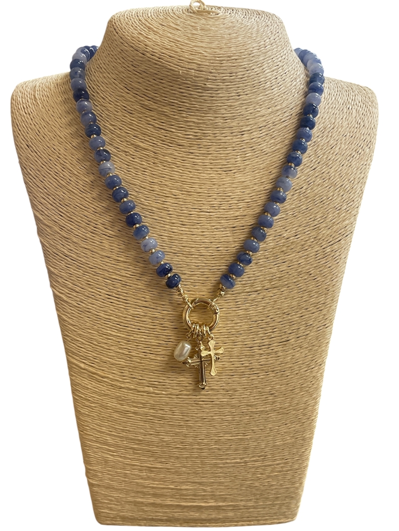 TN6042 ACRYLIC BEADED GOLD CROSS CHARM 18" LONG NECKLACE