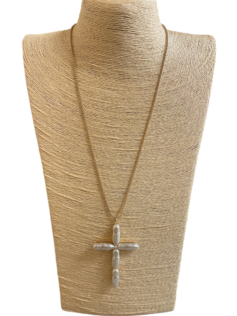 TN9450   ''30'' LONG  CROSS PEARL  NECKLACE
