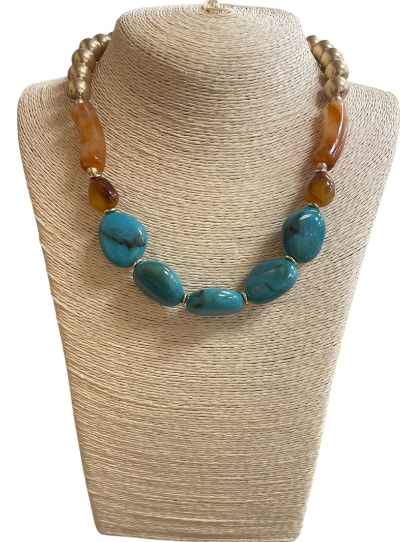TN9471 TURQUOISE  BROWN ACRYLIC NECKLACE