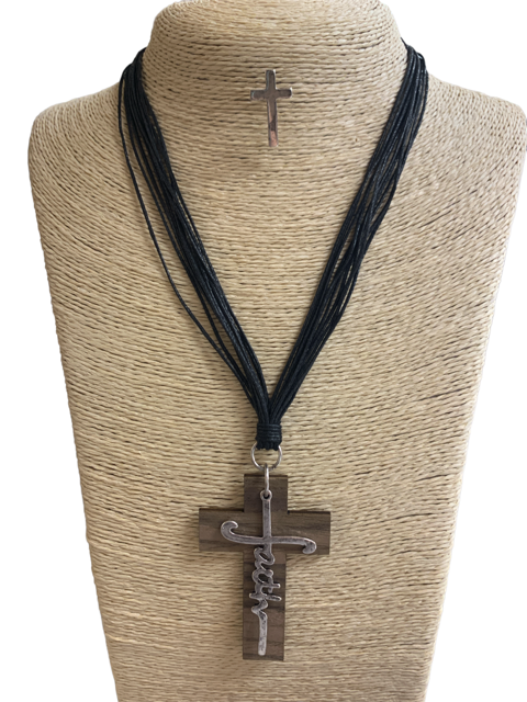 TNE1337  FAITH /WOODEN  CROSS SET NECKLACE