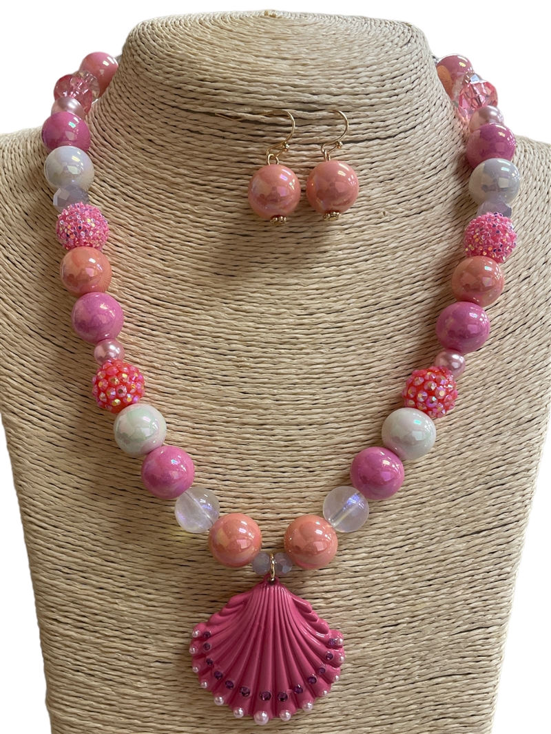 TNE1921  PINK SHELL BEADED  NECKLACE SET
