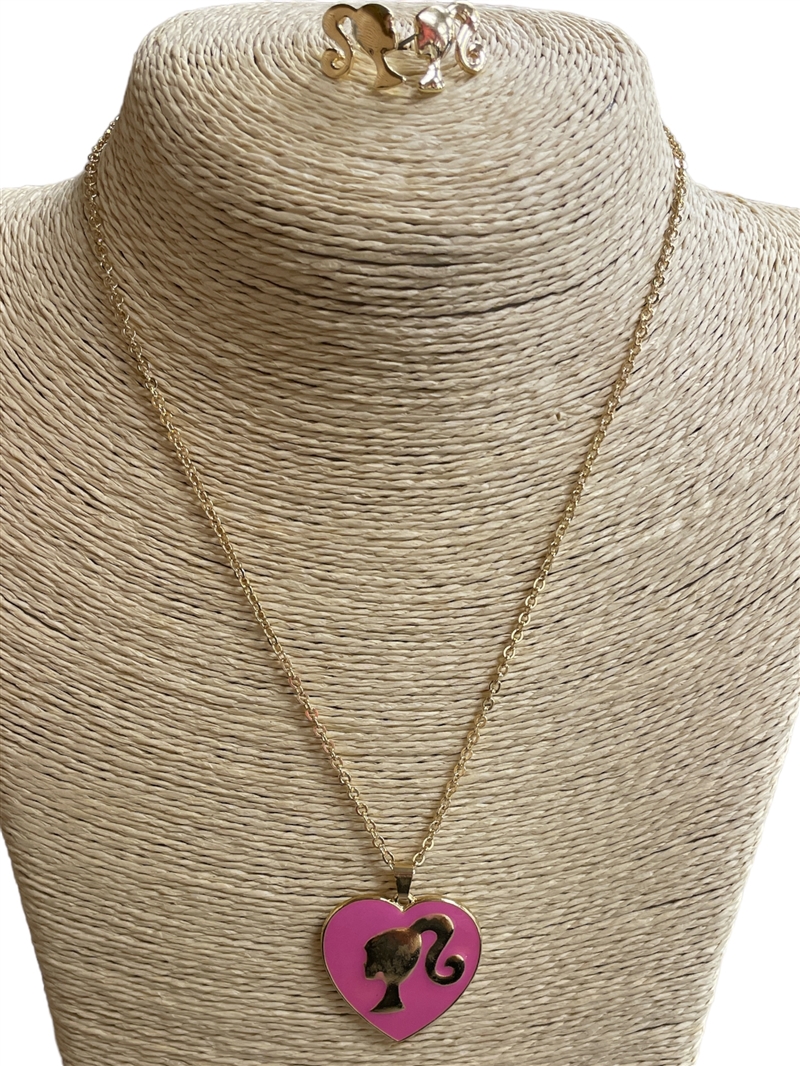 TNE1944  PINK HEART  GIRL IN CENTER  NECKLACE SET
