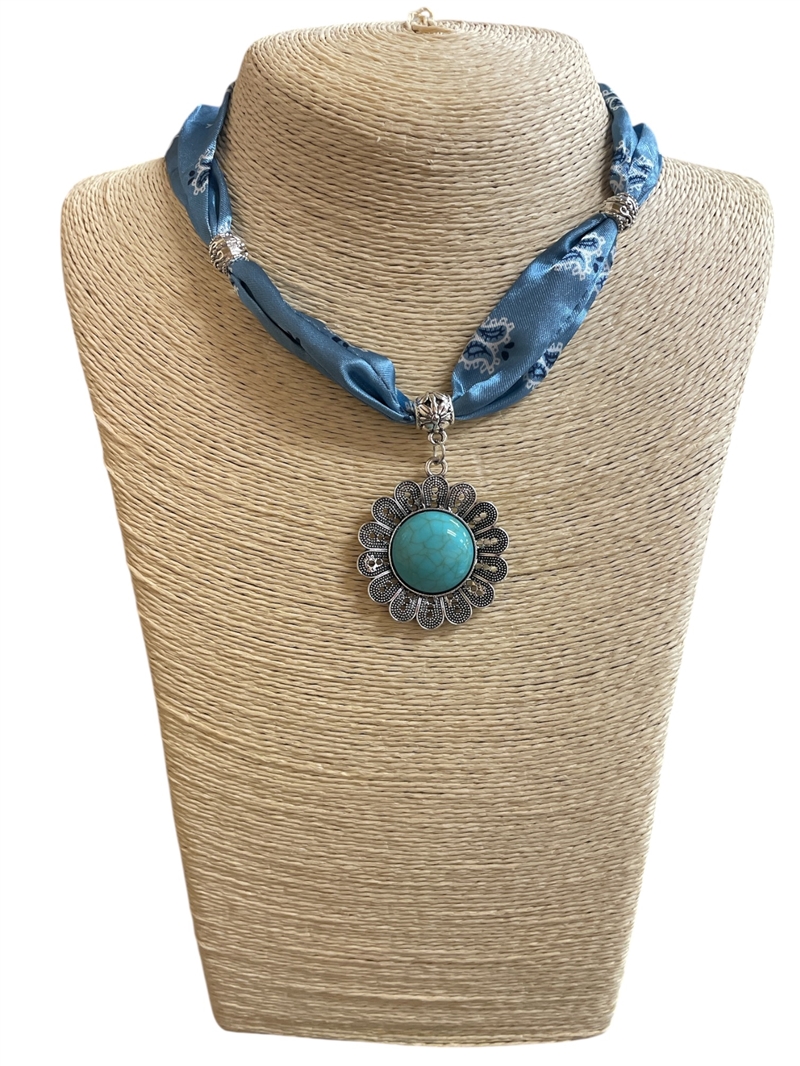VB0717  TURQUOISE STONE FLOWER  SCARF NECKLACE
