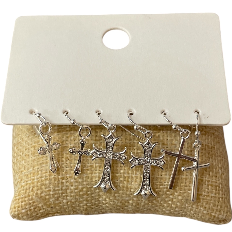 VE1269 SILVER CROSS 3 PAIR SET EARRINGS