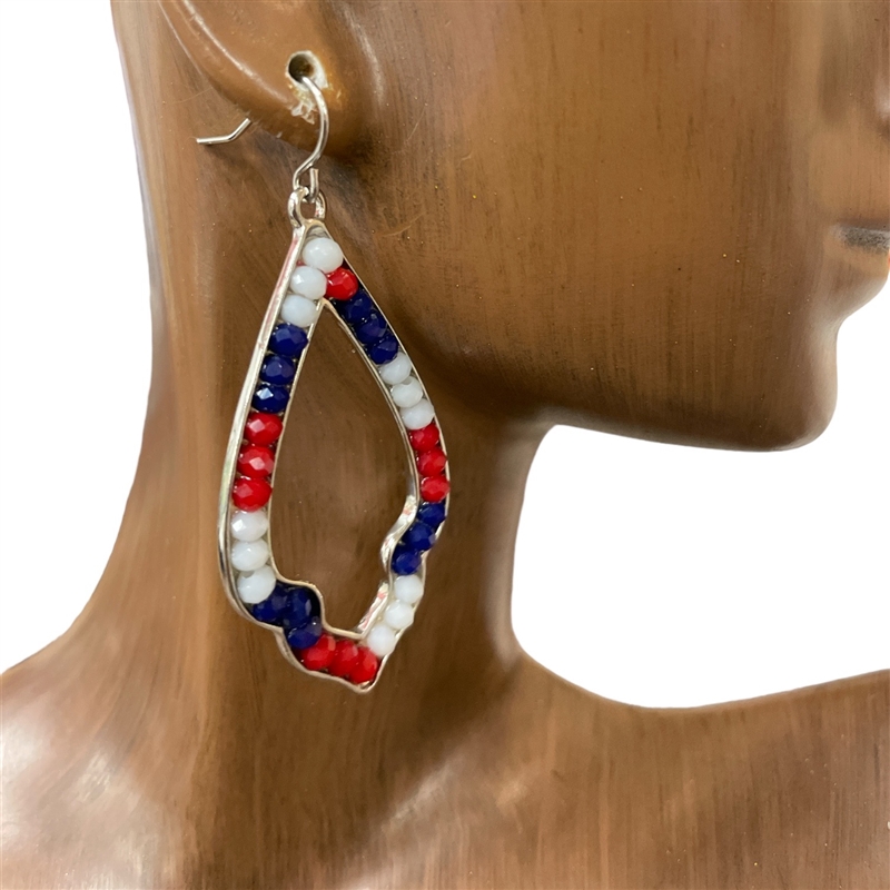 VE2647 SILVER RED WHITE BLUE CRYSTAL BEADED EARRINGS