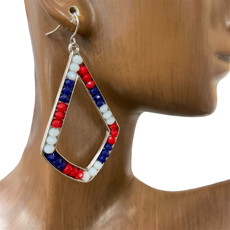 VE2650 SILVER RED WHITE BLUE CRYSTAL BEADED EARRINGS