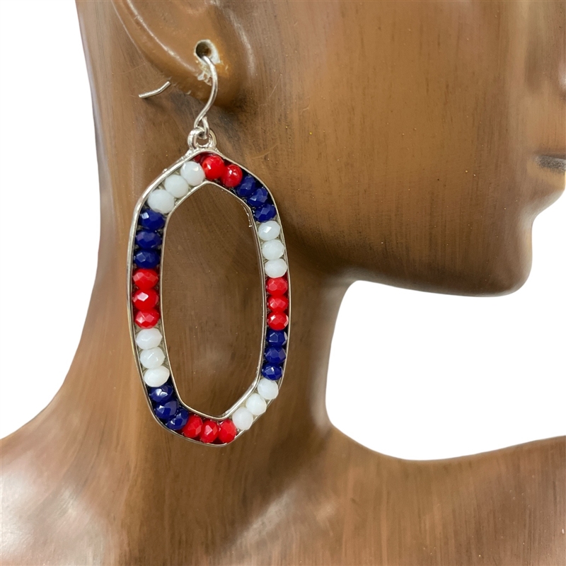 VE2651 SILVER RED WHITE BLUE CRYSTAL BEADED EARRINGS