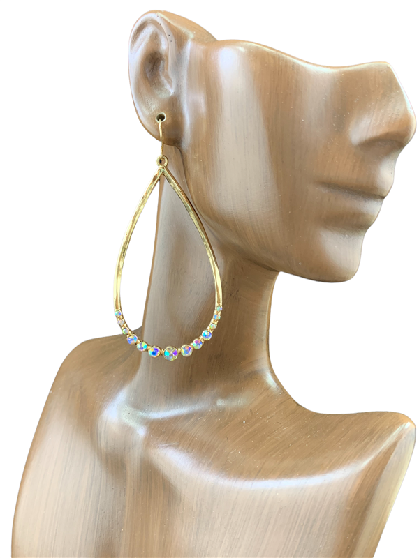 VE3446 HAMMERED RHINSTONE TEARDROP DANGLE EARRINGS