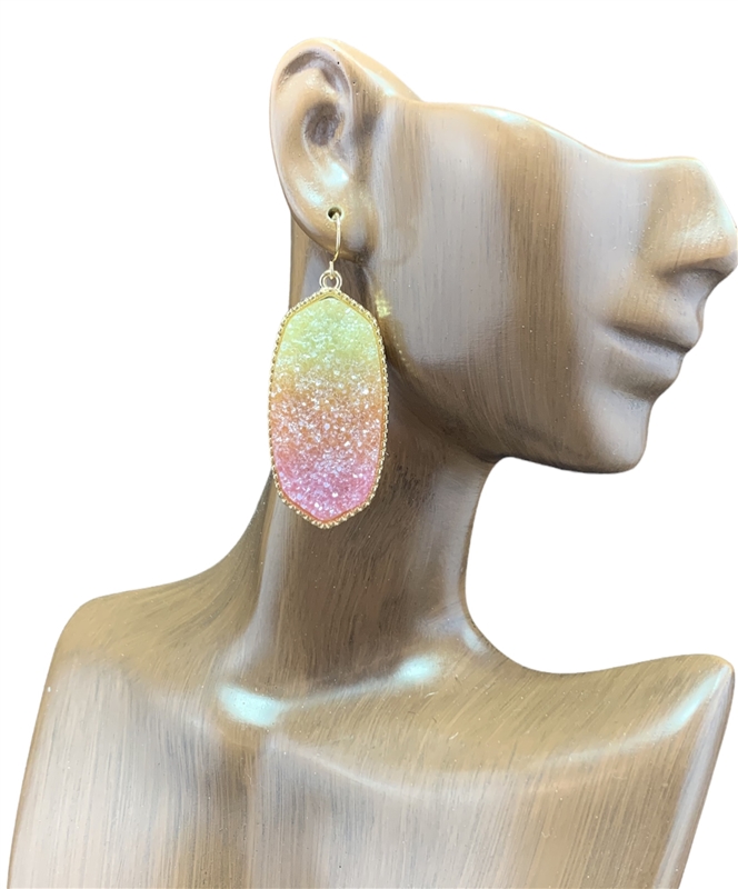 VE3475 TIE DYE CUT ACRYLIC LARGE CRYSTAL DANGLE EARRINGS