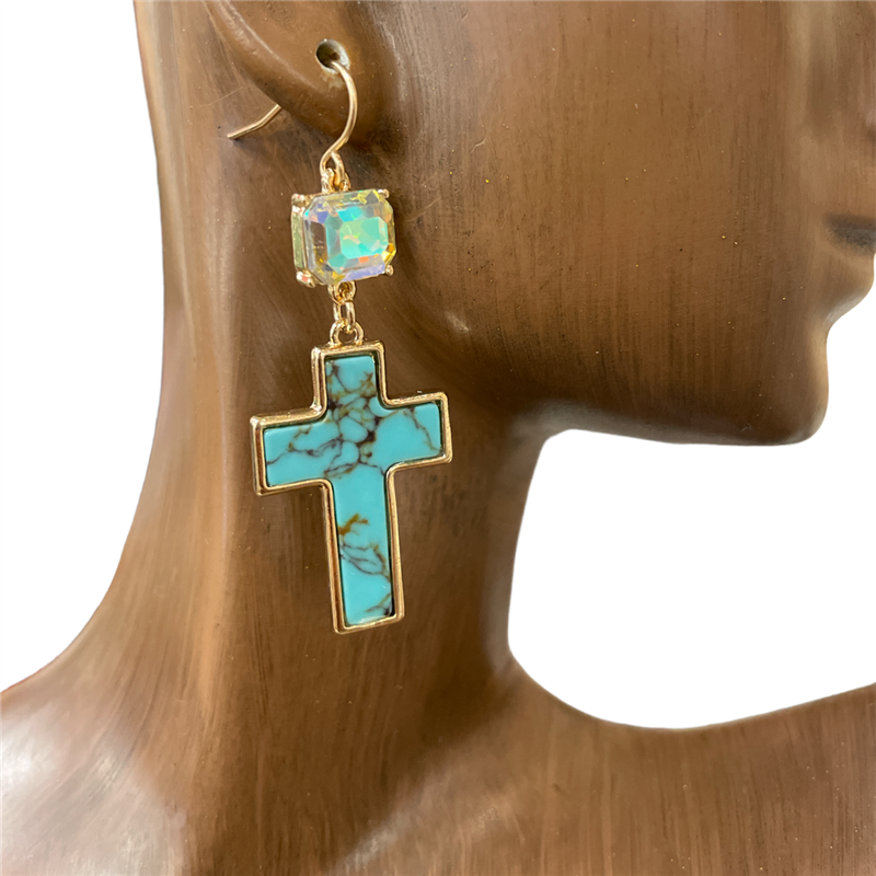 VE3924 NATURAL STONE CROSS EARRINGS