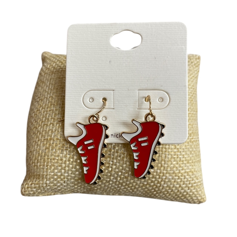 VE4486R   WHITE RED   FOOTBALL SHOE  EARRINGS